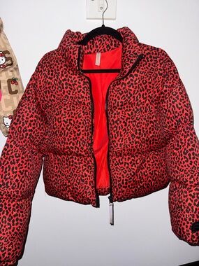 Fabletics Red and Black Puffer Jacket Bold Design